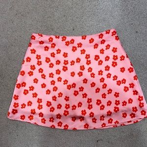 Pink and red floral skirt.